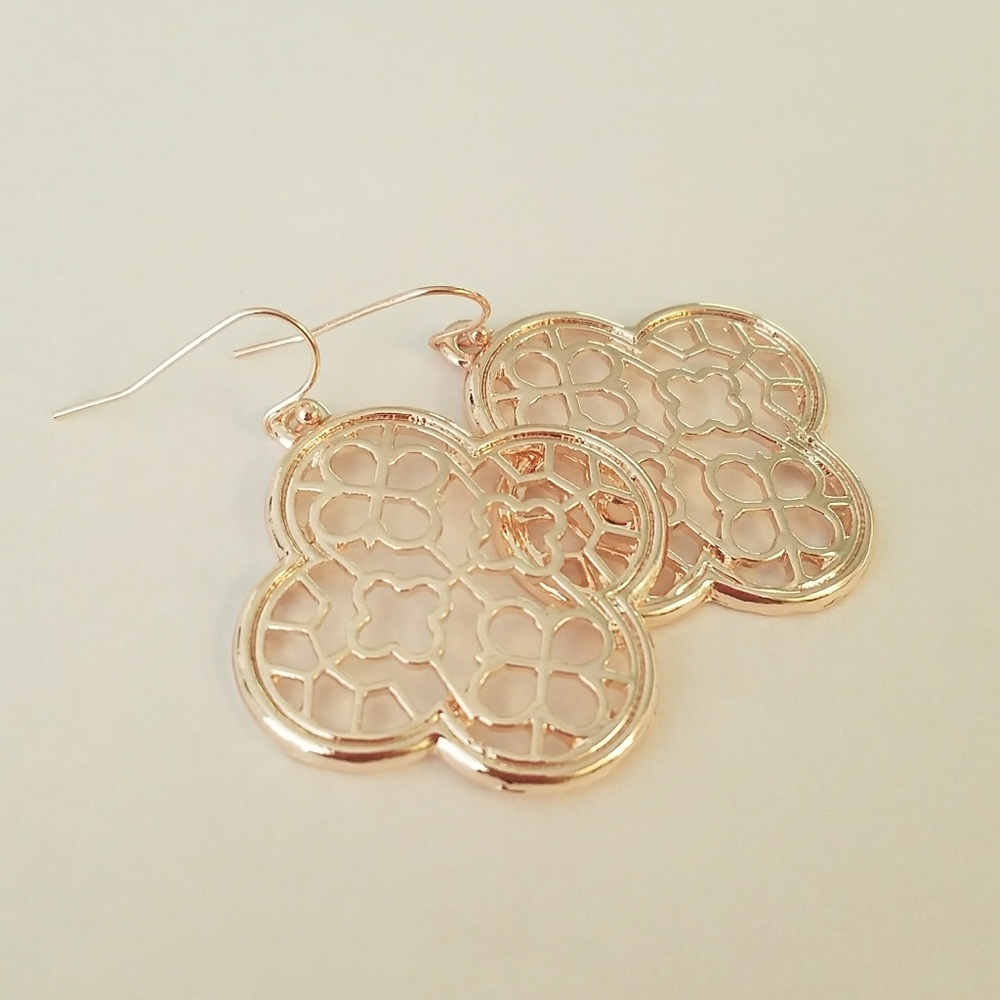 Rose Gold Tone Clover Filigree Earrings - Picture 3 of 4